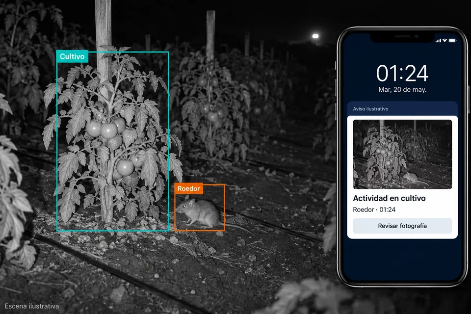 Scène illustrative nocturne en infrarouge d’une culture avec un ravageur visible, des cadres de détection et un téléphone affichant un avis fictif.