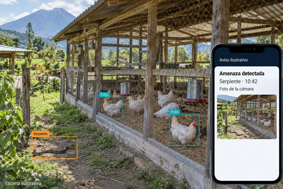 Scène illustrative en couleur d’un élevage avec des poulets et une menace près de l’enclos, des cadres de détection et un téléphone affichant une alerte fictive.