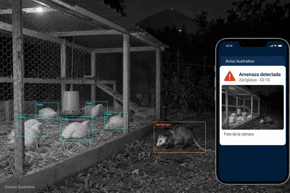 Escena ilustrativa nocturna en infrarrojo de pollos y una amenaza junto al corral, cajas de detección y un teléfono con una alerta ficticia.