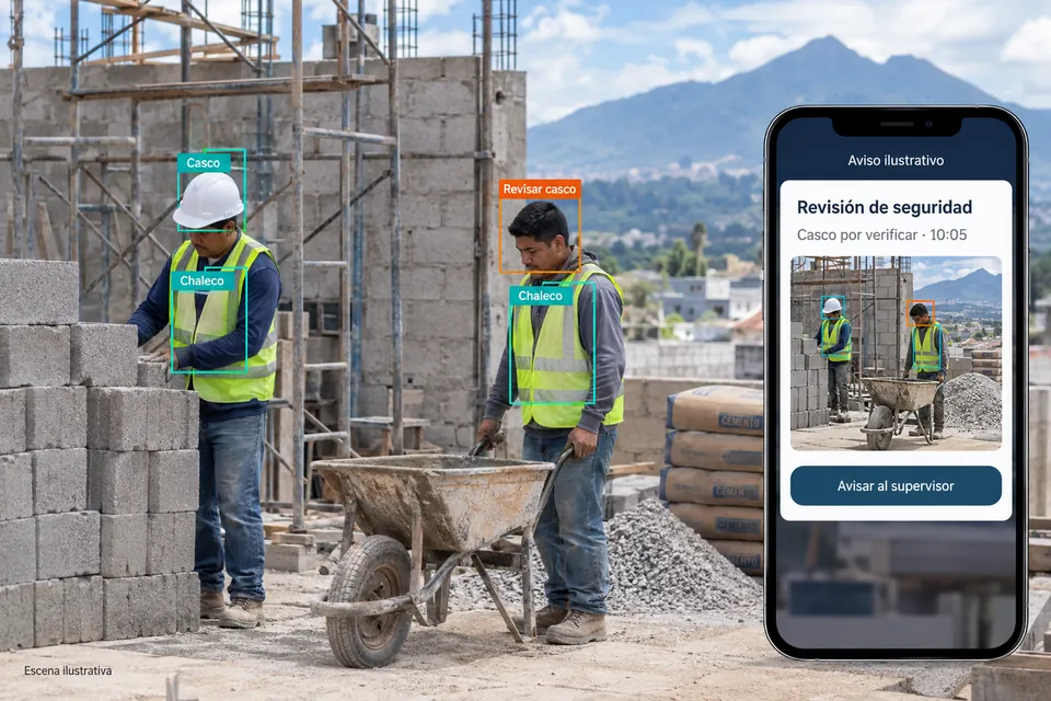 Escena ilustrativa a color de una obra con trabajadores, cajas sobre casco y chaleco y un teléfono con un aviso ficticio para el supervisor.