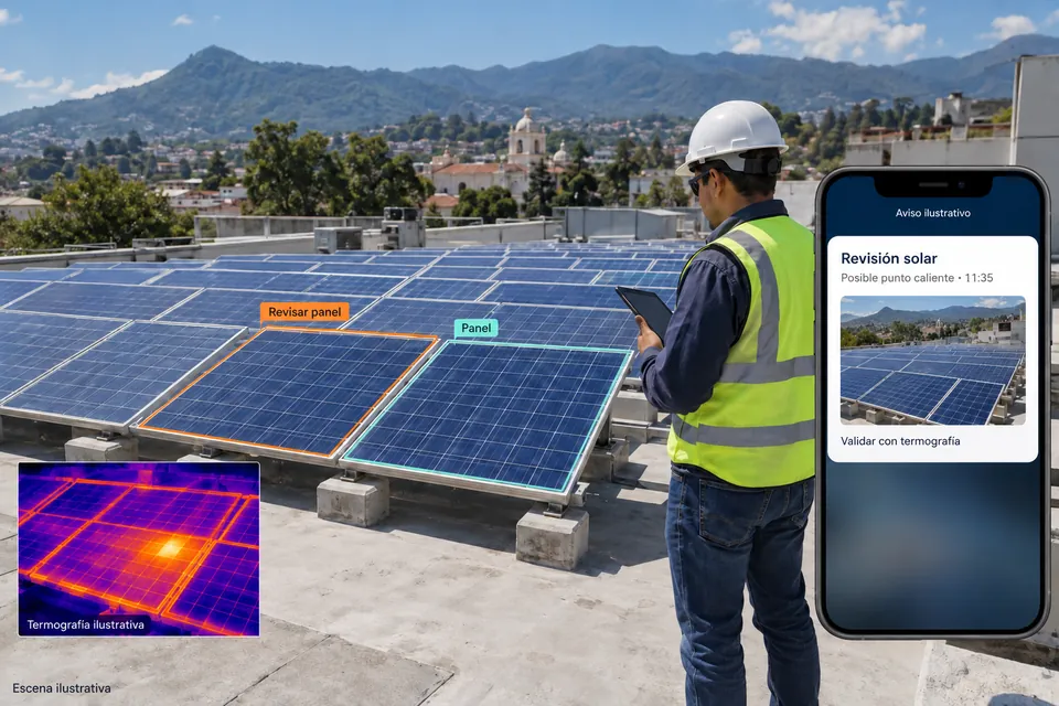 Escena ilustrativa a color de paneles solares en Guatemala, cajas sobre zonas de interés y un teléfono con una solicitud ficticia de inspección.