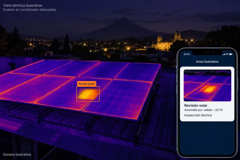 Escena ilustrativa nocturna de paneles con una superposición térmica en falso color, cajas de anomalías y un teléfono con un aviso ficticio; no es una medición real.