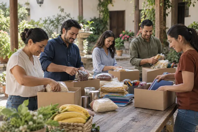 Personas colaborando en la preparación de alimentos y útiles para una iniciativa comunitaria