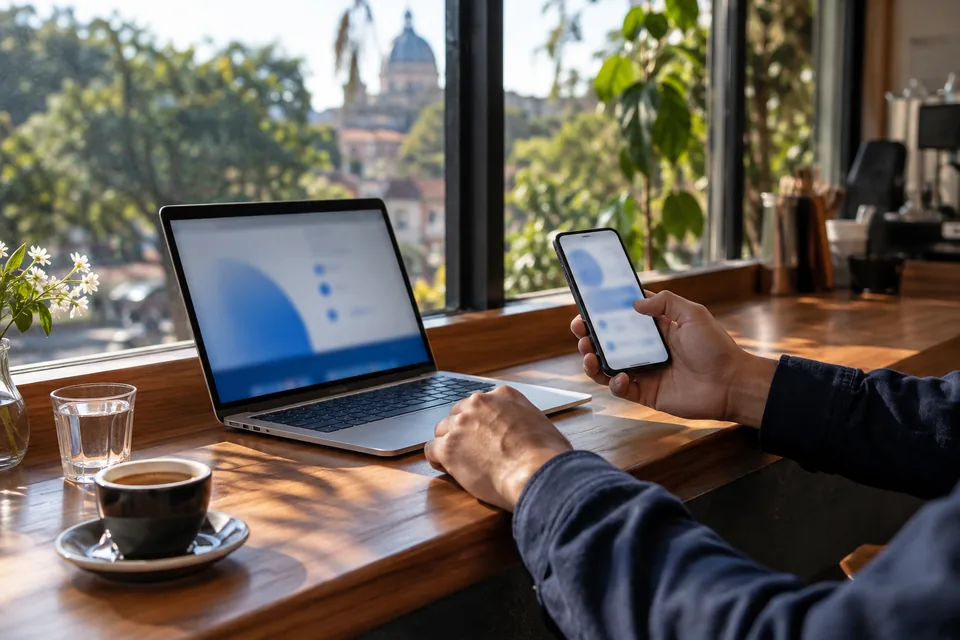 Teléfono y computadora en una cafetería, imagen ambiental conceptual