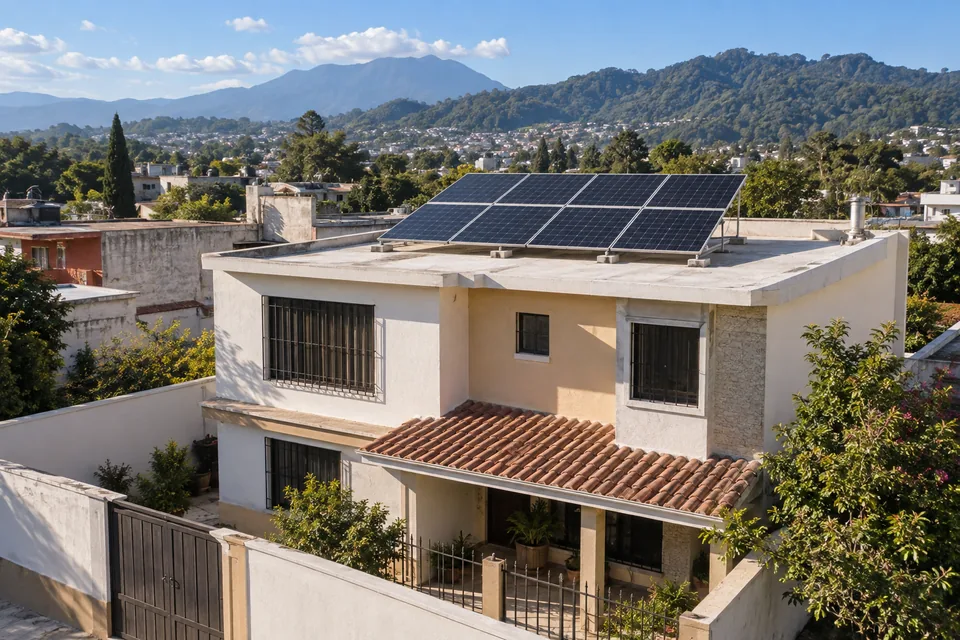 Paneles solares sobre una vivienda guatemalteca, imagen conceptual